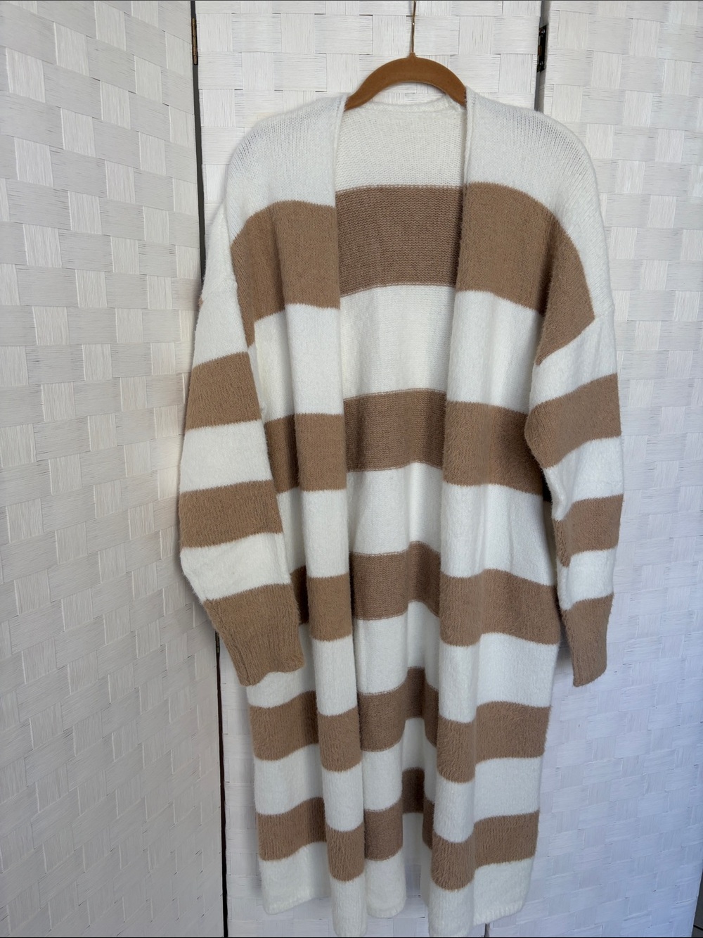 Striped Longline Open Cardigan - white and Brown